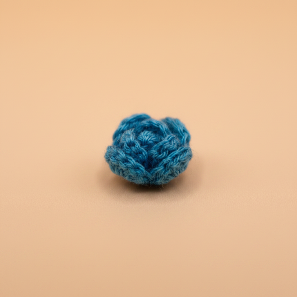 A small, textured blue crocheted or knitted flower-like pom-pom centered on a solid beige background.