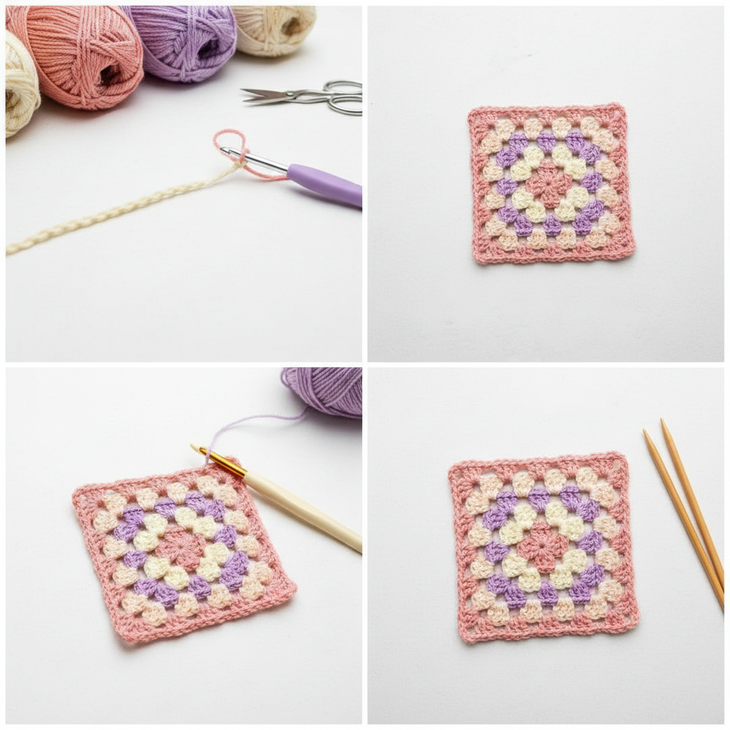 A four-panel collage showing a crocheted granny square in pink, cream, and lavender, with yarn balls, scissors, a crochet hook, knitting needles, and a strand of yarn on a white background.