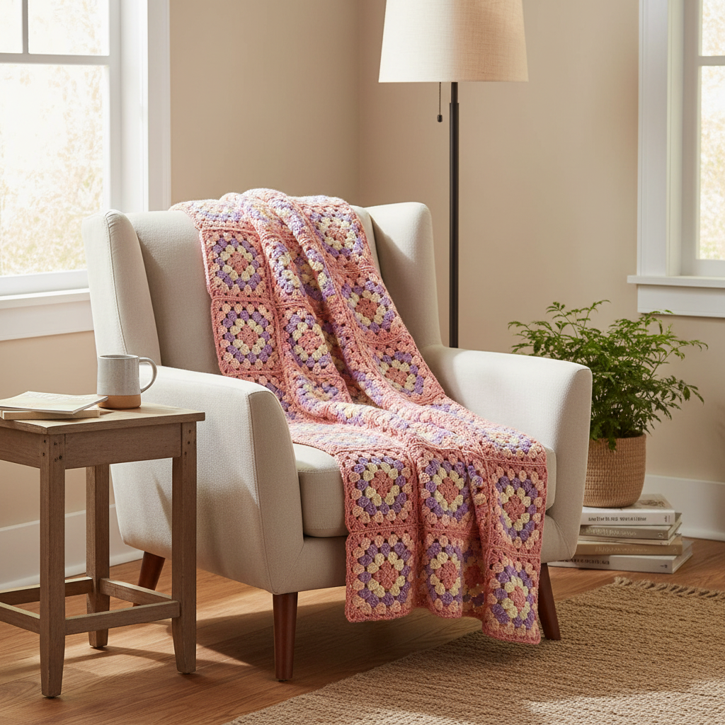 A pink crocheted throw blanket with multicolor granny square patterns is draped over a cream-colored armchair in a cozy, sunlit living room setting.